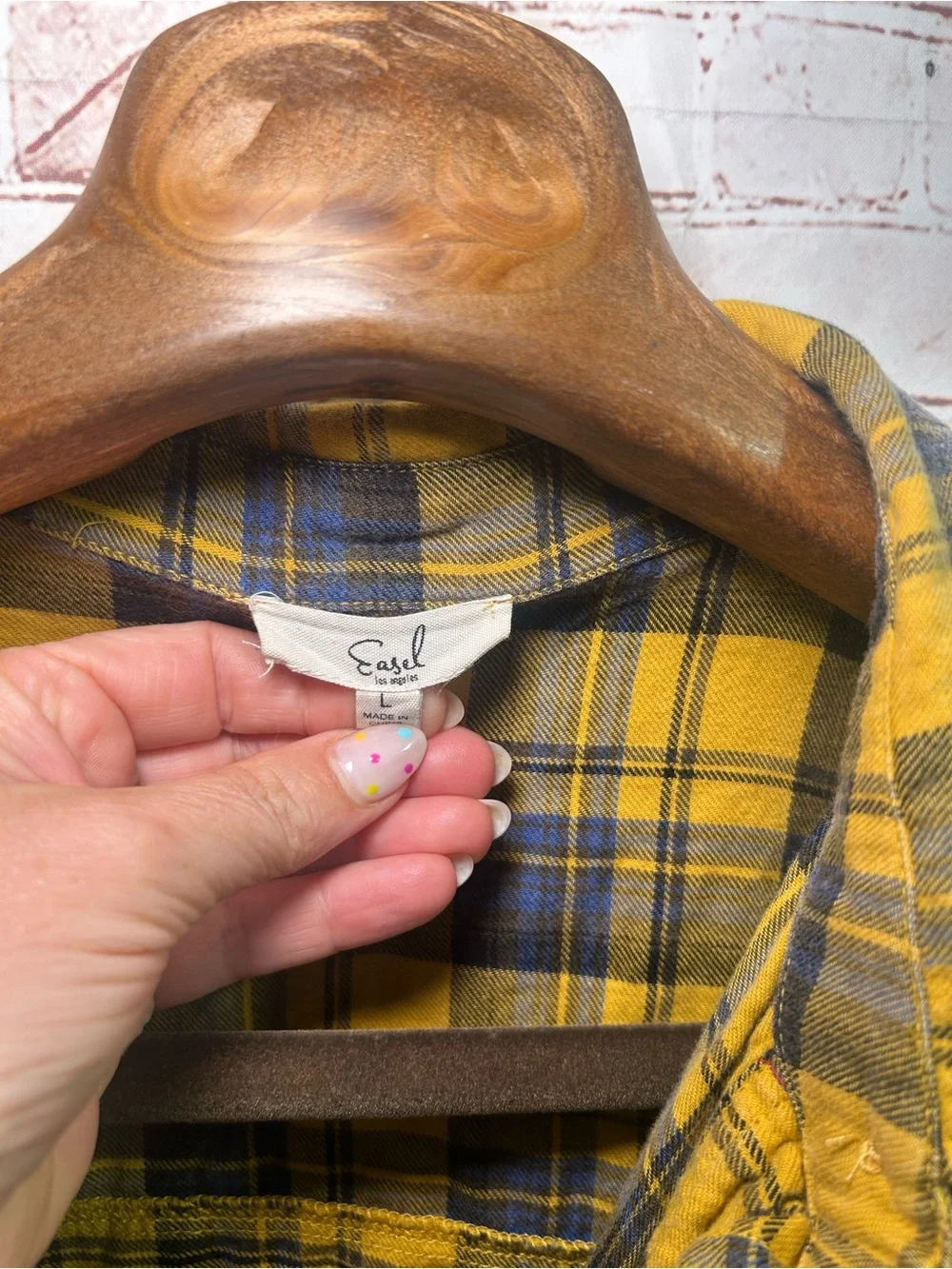 Easel Yellow Plaid Oversized Shacket Button Front Distressed Flannel Top Large - Picture 8 of 8